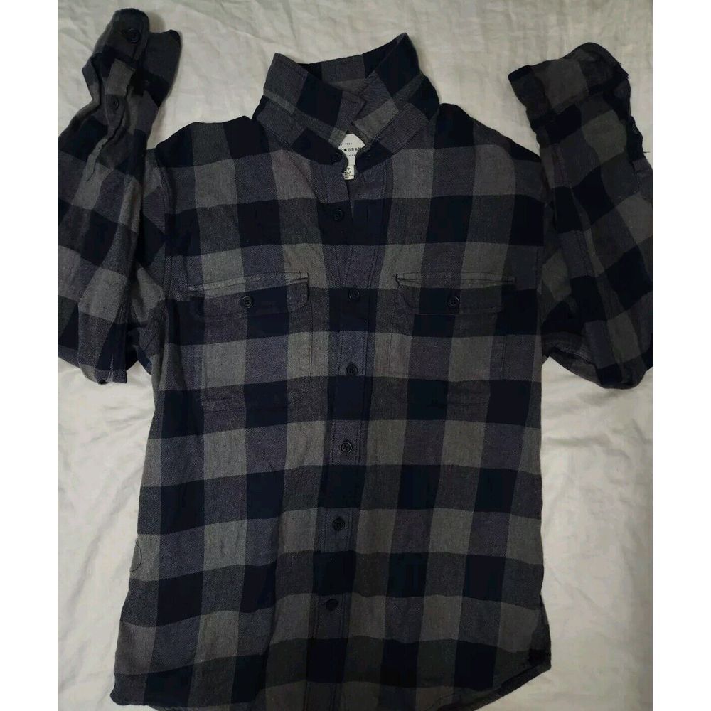 Lucky Brand Buffalo Plaid Flannel Shirt Mens S Blue & Gray Long Sleeve Stretch